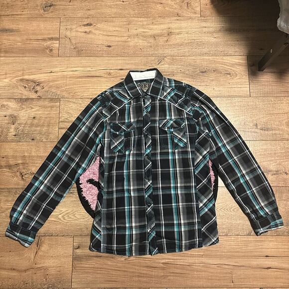 Bke Athletic Fit Biker Plaid Button Up Longsleeve - Picture 1 of 5